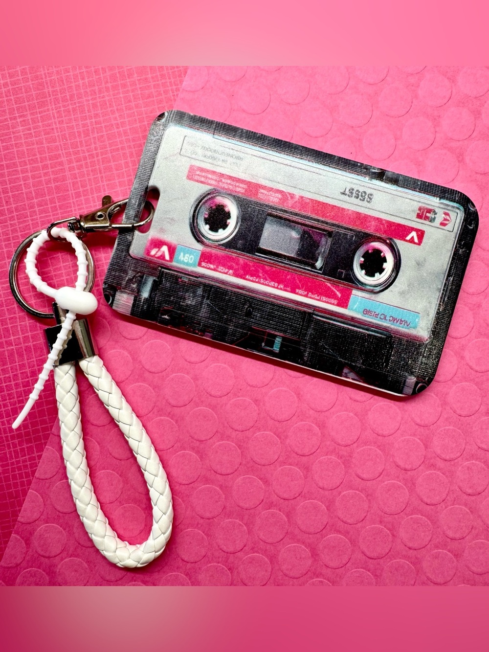 New Retro 80s 90s Style Cassette Tape ID Card Holder & Woven Keychain Handle - Picture 2 of 7